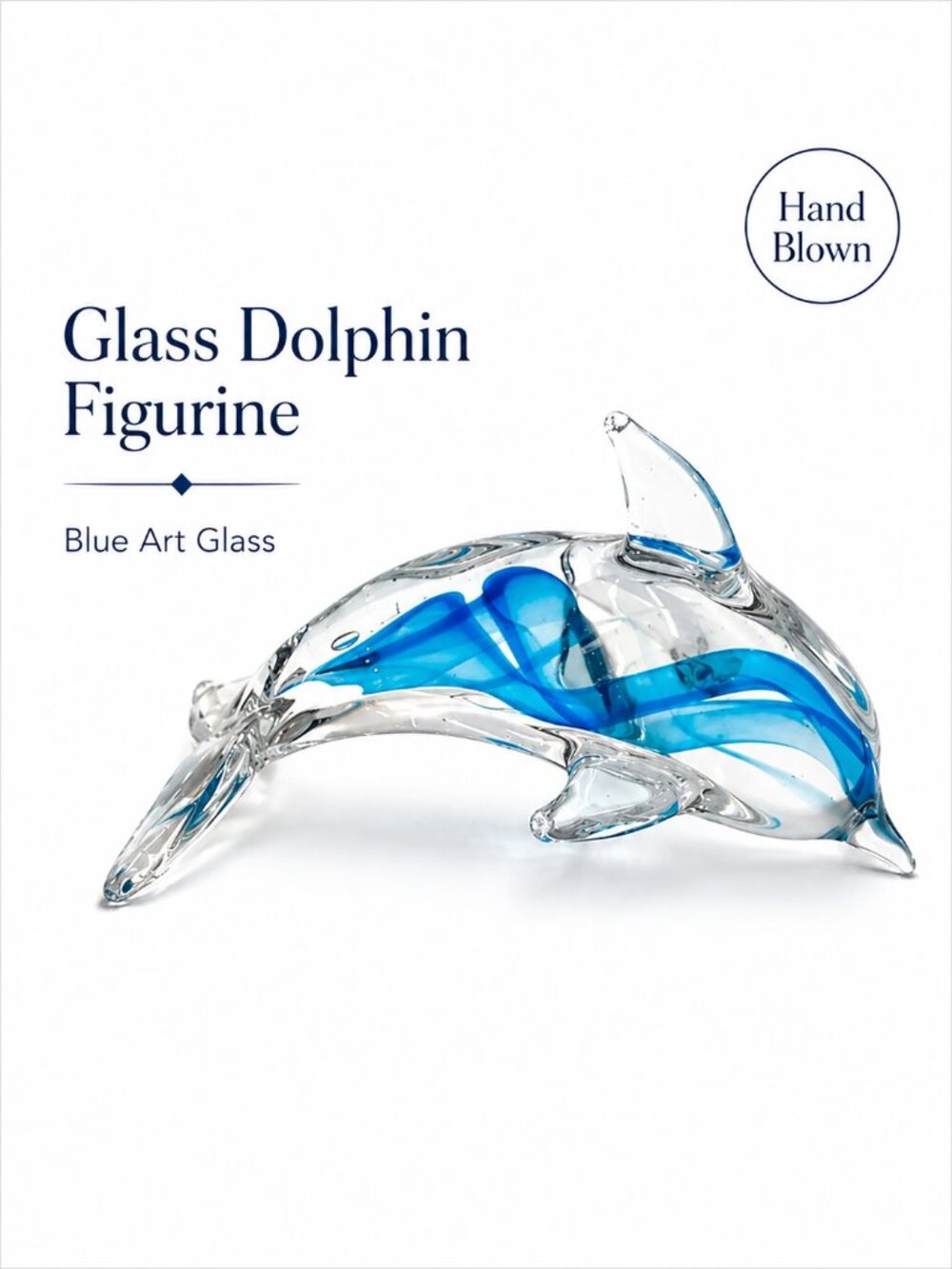 Hand Blown Glass Dolphin Figurine Blue Swirl Art Glass Ocean Decor
